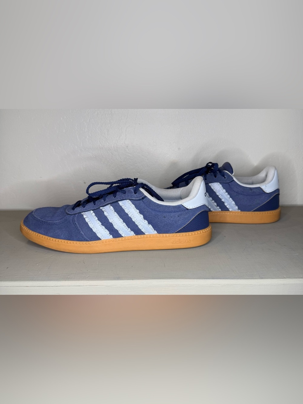 adidas Navy Blue Suede Sneakers with White Stripes and Gum Sole